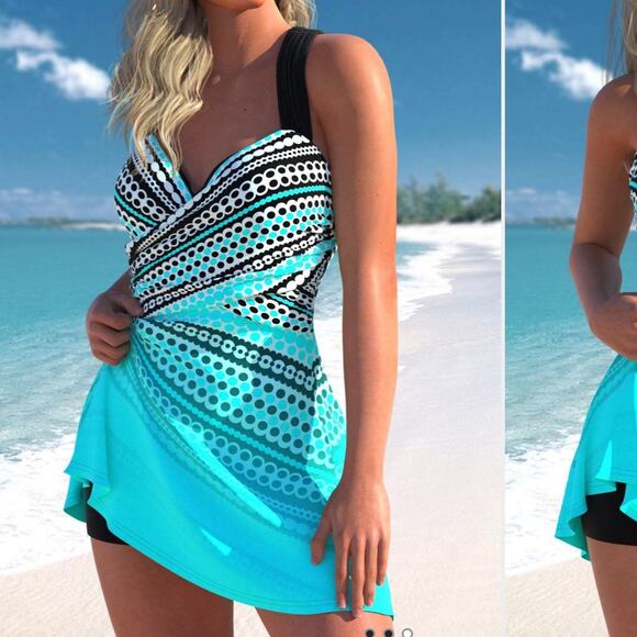 Cyan Polka Dot Ombré Swimdress Top - Picture 2 of 13